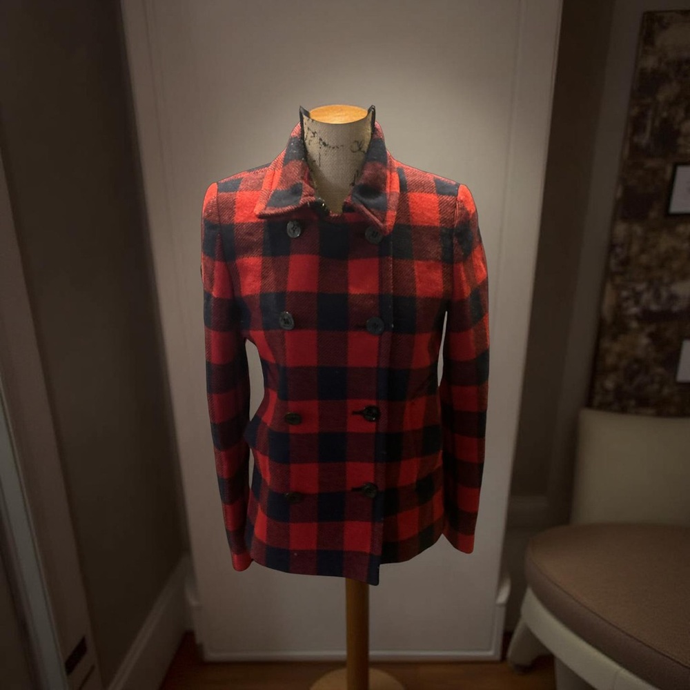 VINTAGE J.CREW Womes Size 4- S Wool Plaid Peacoat Jacket Red Black Buffalo Check